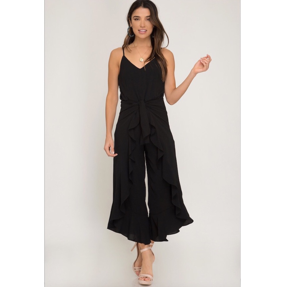 $ FIRM 🌷Black Cami Ruffled Wrap Jumpsuit - Picture 2 of 5